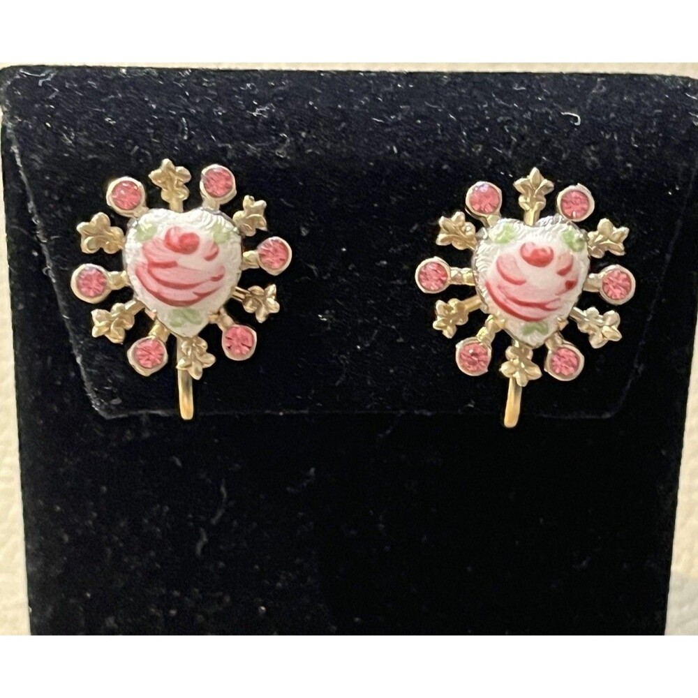 Vintage Guilloche Enamel Rose Heart Earrings Rhinestone Halo Screw-Back 1940s
